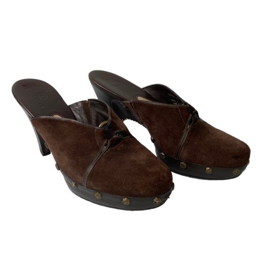 Cole Haan Kenna Brown Suede Studded Slip On Clog Mule Heel Metal Ring